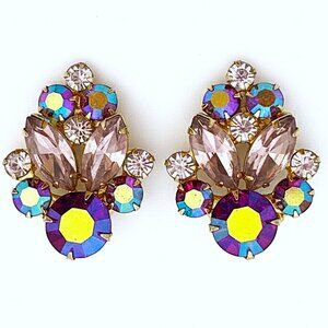 Vintage Aurora Borealis Rhinestone Cluster Earrings | Iridescent Purple Pink